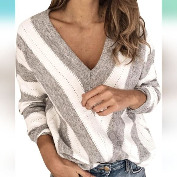 Striped Chevron Vneck Eyelet Sweater - Picture 1 of 6